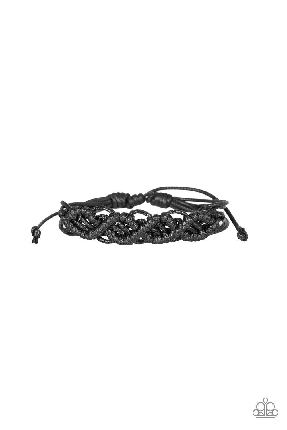 Paparazzi Accessories Boondocks and Bonfire - Black Strands of shiny black cording weaves and braids across the wrist for a rugged, nautical inspired look. Features an adjustable sliding knot closure. Sold as one individual bracelet. Jewelry