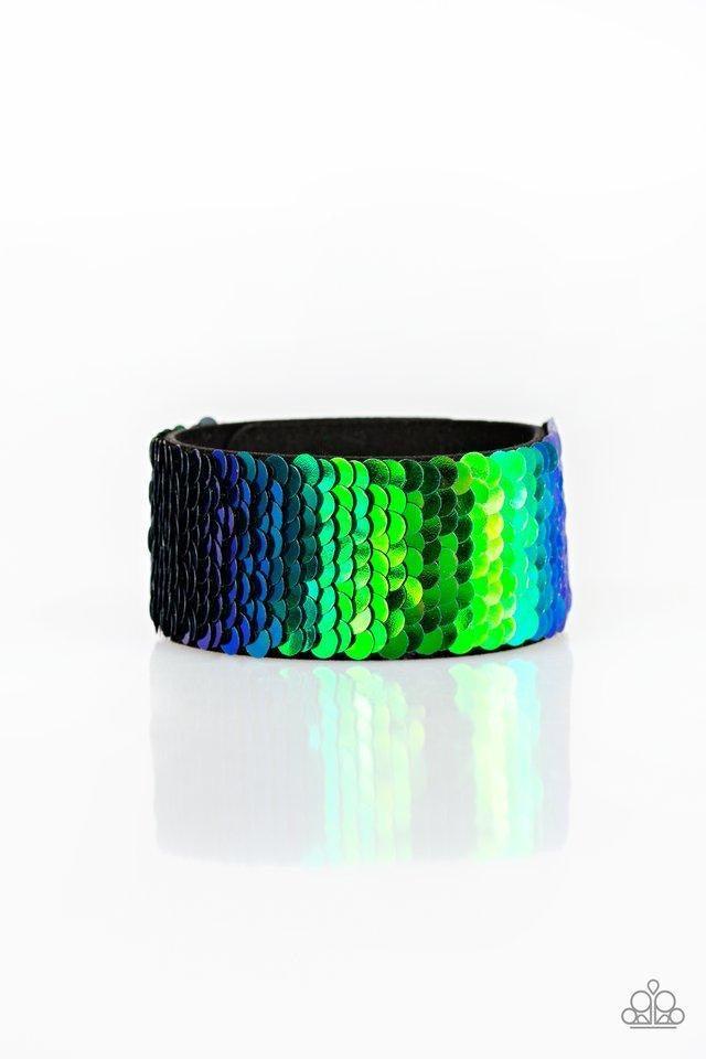 Paparazzi Accessories Mer-mazingly Mermaid - Blue Row after row of shimmery sequins are stitched across the front of a black suede band. Bracelet features reversible sequins that change from black to multicolor. Features an adjustable snap closure. Sold a