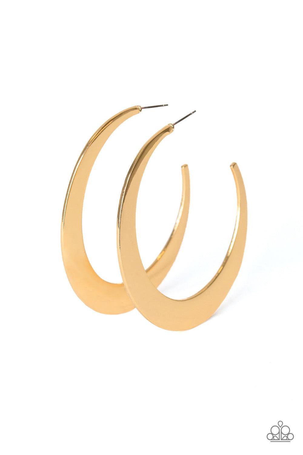 Paparazzi Accessories Moon Beam - Gold Brushed in a high-sheen finish, a flat gold hoop curls into a bold crescent-like shape for an edgy look. Earring attaches to a standard post fitting. Hoop measures approximately 2 1/2" in diameter. Jewelry