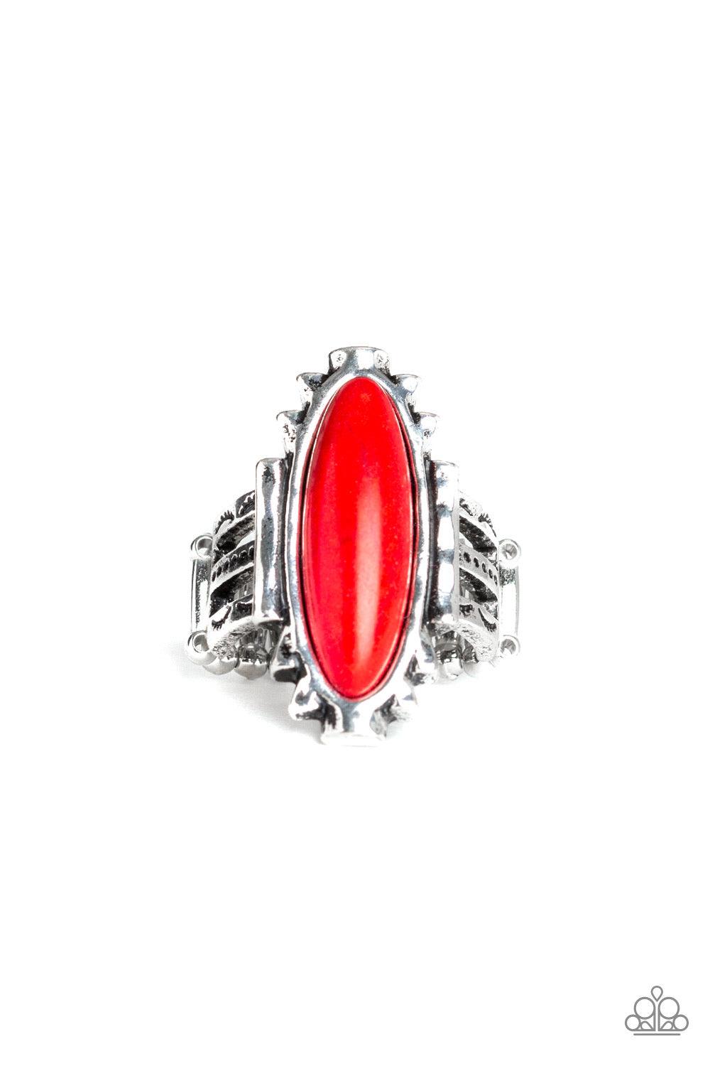 Paparazzi Accessories Canyon Colada ~Red An oblong red stone is pressed into the center of a geometric silver frame featuring a hammered finish for a seasonal flair. Features a stretchy band for a flexible fit. Sold as one individual ring.