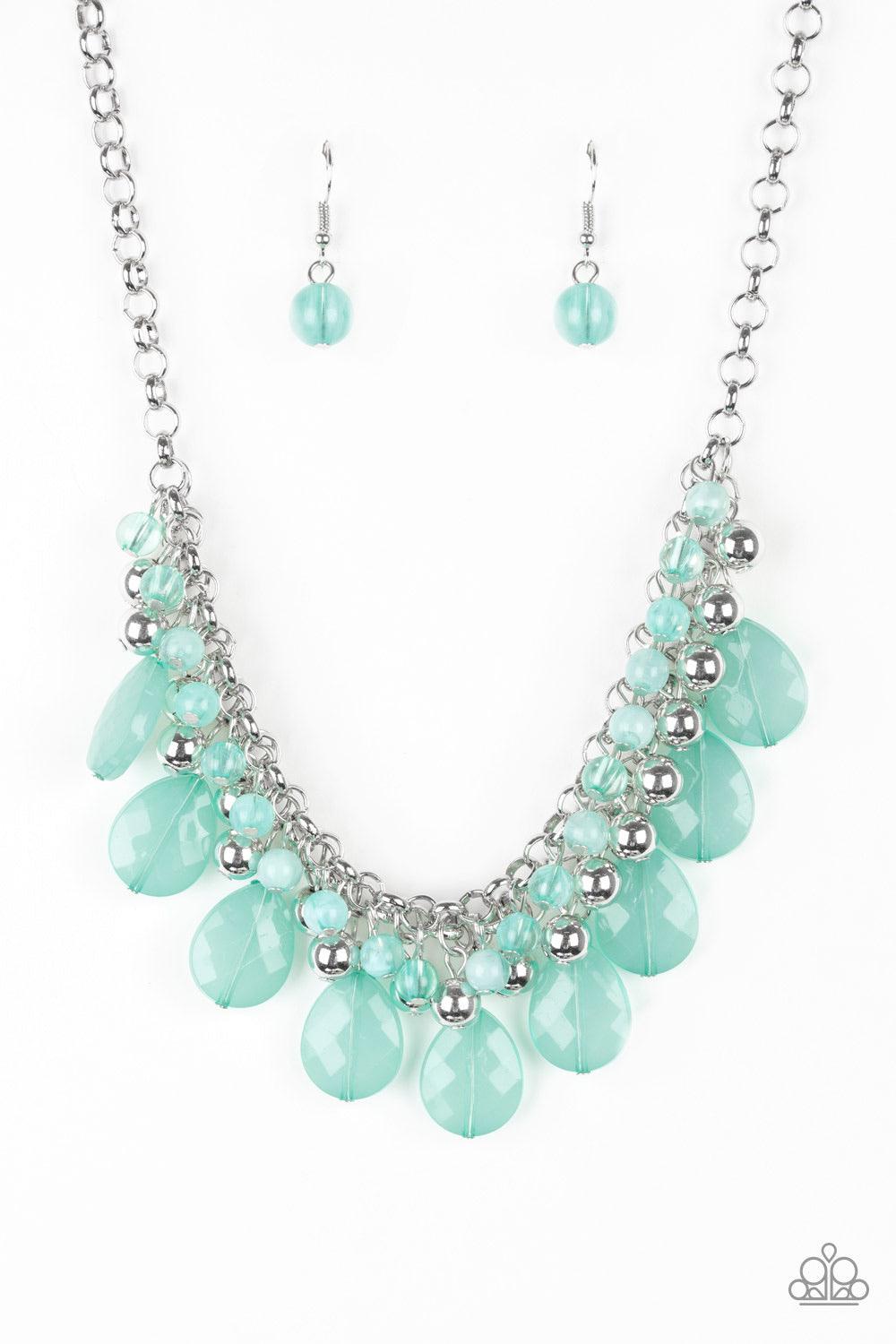 Paparazzi Accessories Trending Tropicana ~Green A row of cloudy green beads gives way to a row of shiny silver beads. Brushed in an opalescent finish, green teardrops cascade from the bottom of bold interlocking silver chains, creating a dramatically colo