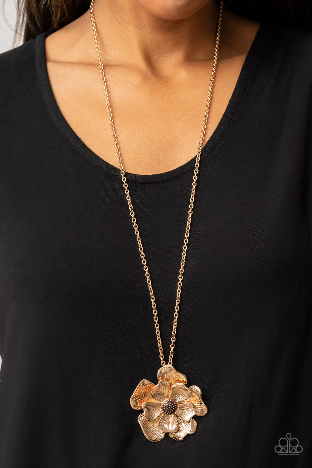 Paparazzi Accessories Homegrown Glamour - Gold Layers of scalloped and textured gold petals bloom from a studded copper beaded center. The oversized flower swings from the bottom of an extended gold chain, resulting in an eye-catching floral pendant. Feat