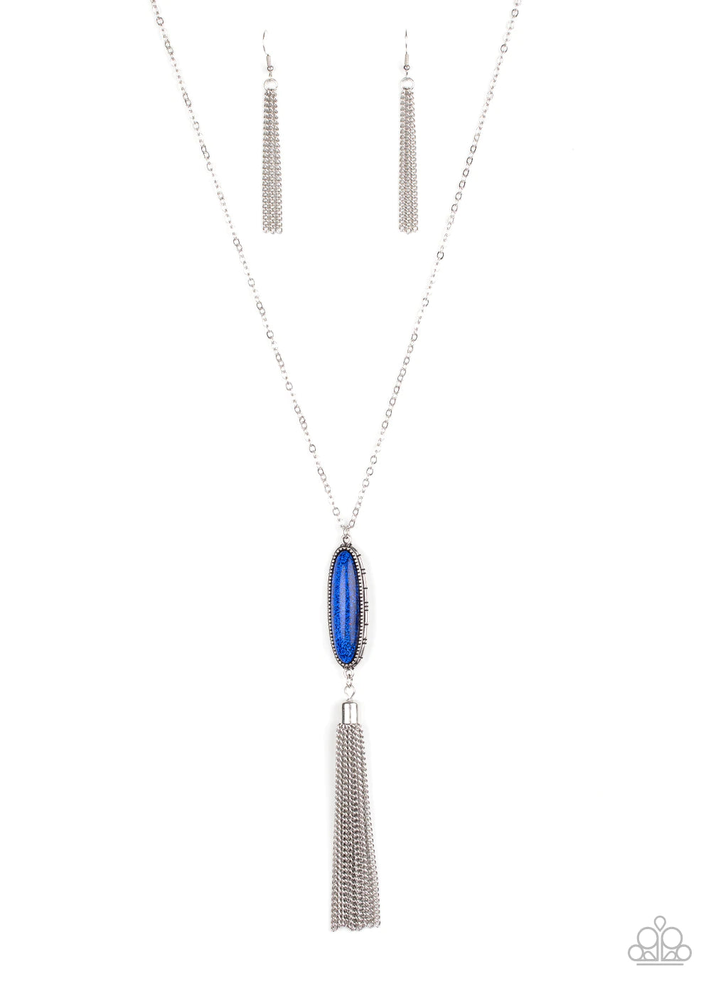 Paparazzi Accessories Stay Cool - Blue A shimmery silver tassel streams from the bottom of a glittery blue beaded pendant, creating a dazzling look at the bottom of a lengthened silver chain. Features an adjustable clasp closure. Sold as one individual ne