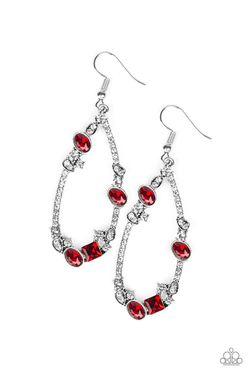 Paparazzi Accessories Quite The Collection - Red Varying in size and shape, a collection of glassy white and glittery red rhinestones are encrusted along an airy teardrop lure for an edgy-glamorous look. Earring attaches to a standard fishhook fitting. Je