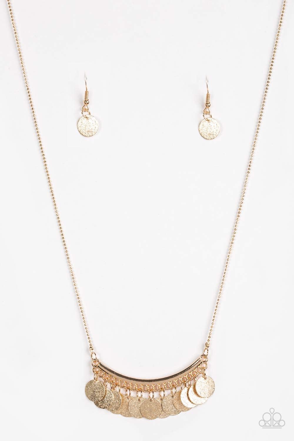 Paparazzi Accessories Bohemian Bombshell - Gold Delicately hammered in glistening textures, glittery gold discs swing from the bottom of a bowing gold bar for a flirty, bohemian look. Features an adjustable clasp closure. Jewelry