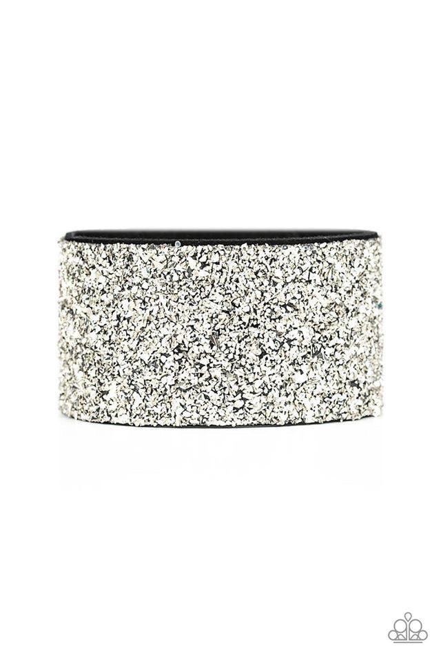 Paparazzi Accessories The Halftime Show - Silver Crushed bits of silver accents are sprinkled along the center of a thick black suede band, creating a blinding shimmer around the wrist. Features an adjustable snap closure. Jewelry