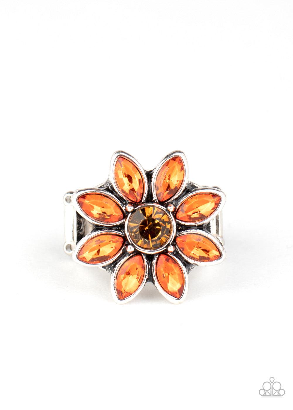 Paparazzi Accessories Prismatic Petals - Orange Orange rhinestone petals bloom from the center of a topaz rhinestone center, creating a sparkling flower atop the finger. Features a stretchy band for a flexible fit. Sold as one individual ring. Jewelry