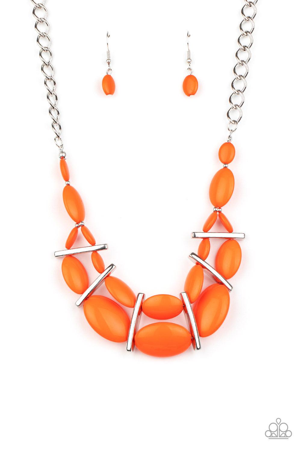 Paparazzi Accessories Law of the Jungle - Orange Sectioned off by edgy silver fittings, a flamboyant collection of vivacious orange beads link into two colorful layers below the collar for a bold pop of color. Features an adjustable clasp closure. Sold as