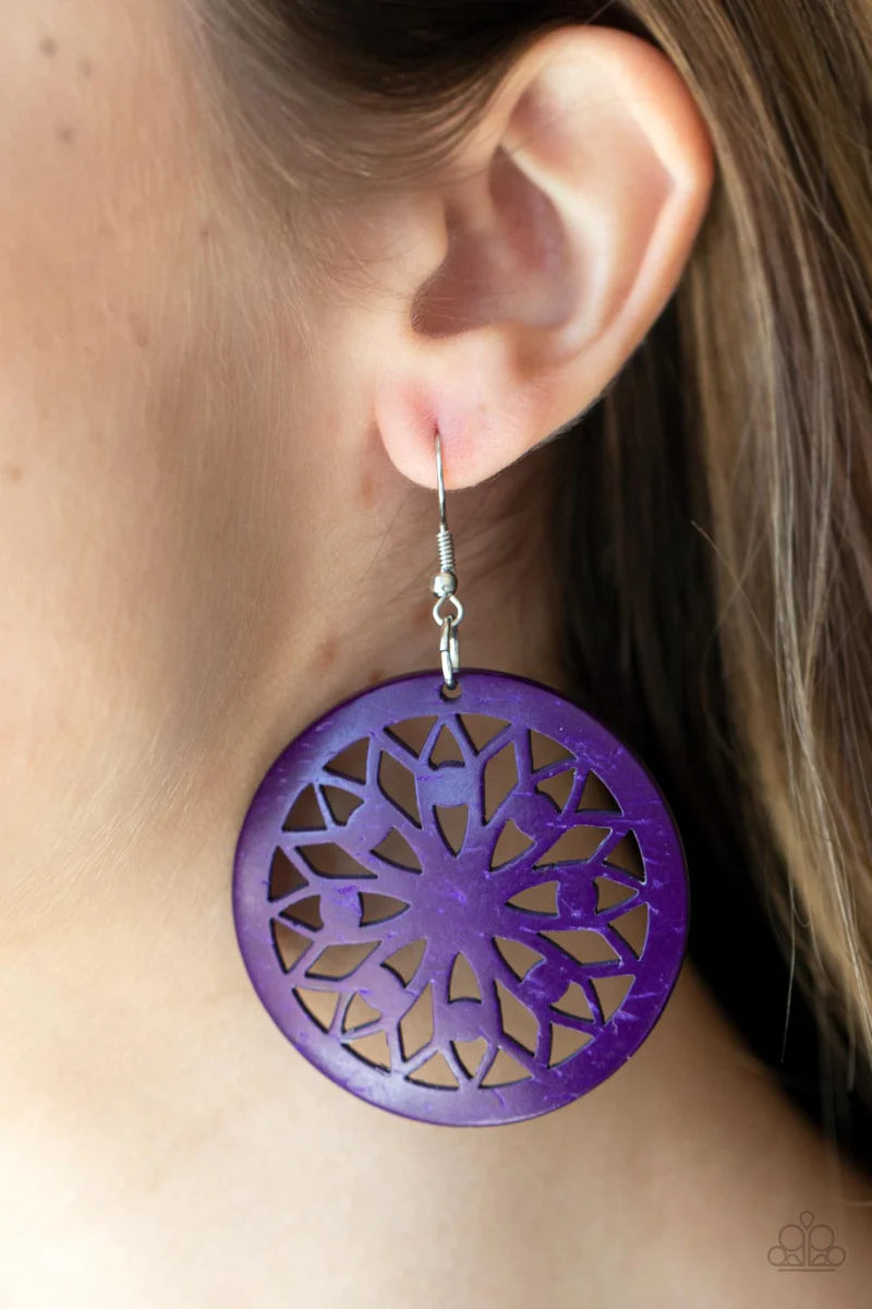 Paparazzi Accessories Ocean Canopy - Purple A bold mandala-inspired design is carved out of an oversized purple disc creating an eye-catching statement. Earring attaches to a standard fishhook fitting. Sold as one pair of earrings. Jewelry