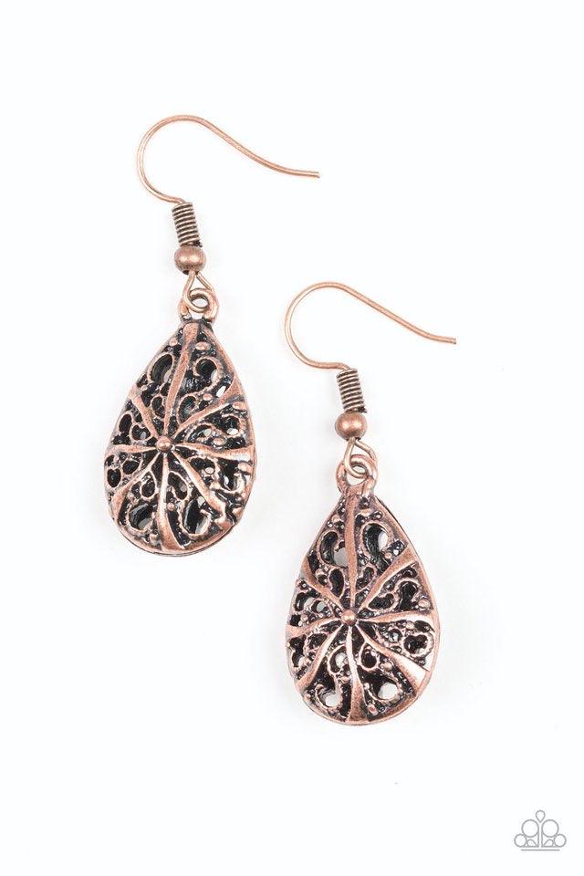 Paparazzi Accessories Western Wisteria ~ Copper Brushed in an antiqued finish, shimmery copper filigree joins into a dainty teardrop frame for a whimsical look. Earring attaches to a standard fishhook fitting.