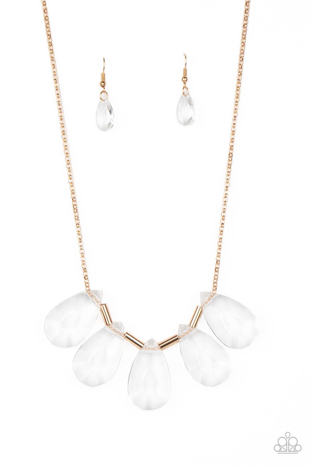 Paparazzi Accessories HEIR it Out - Gold Infused with cylindrical gold accents, a glittery collection of oversized glassy white teardrop gems slide along a dainty gold chain below the collar for a jaw-dropping finish. Features an adjustable clasp closure.