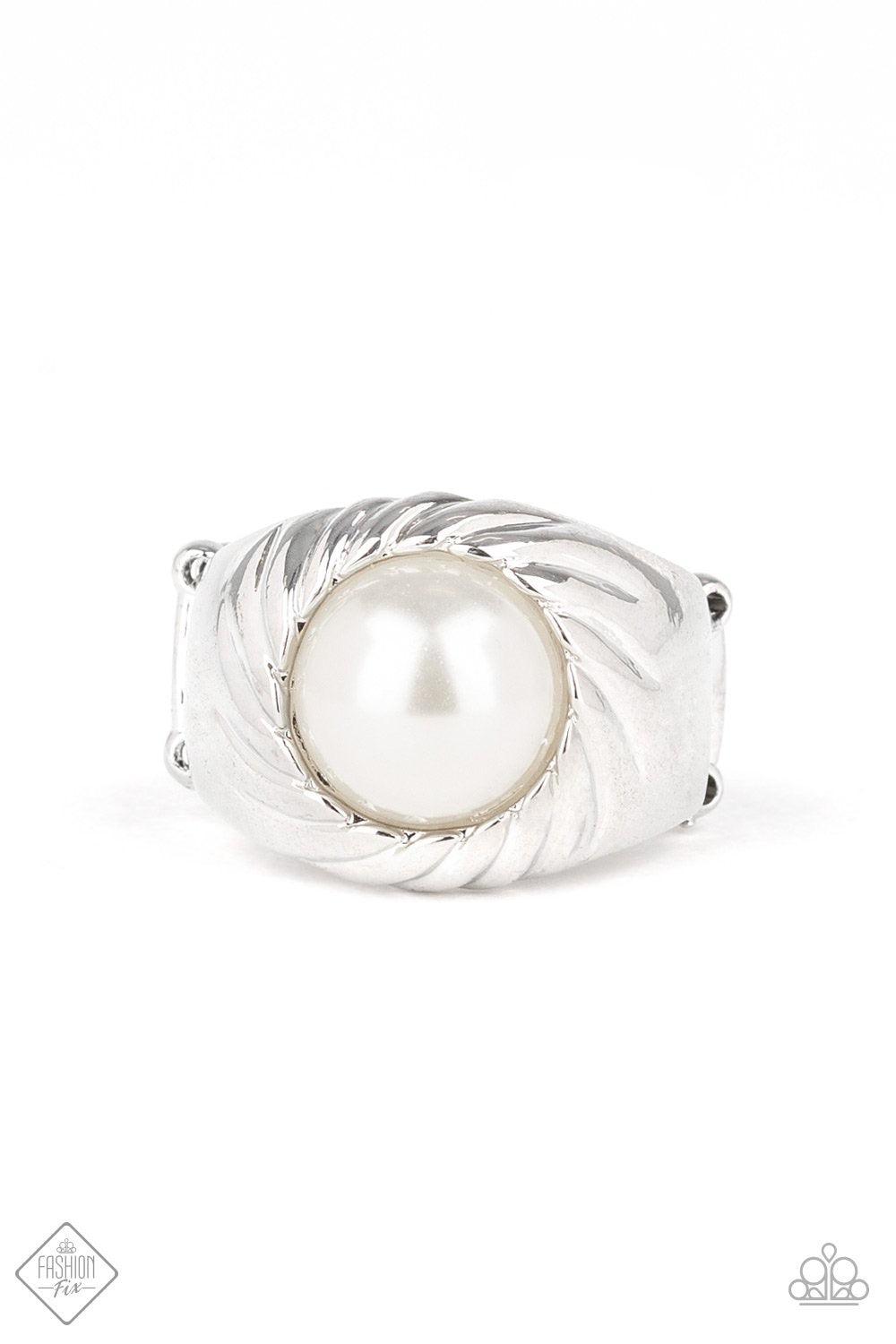 Paparazzi Accessories Wall Street Whimsical ~White A pearly white bead is pressed into the center of a thick silver band swirling with a spiral-like pattern for a refined flair. Features a stretchy band for a flexible fit.