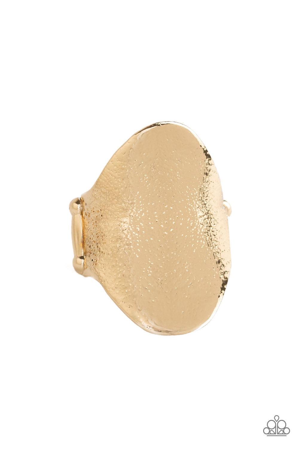 Paparazzi Accessories Metro Mirror - Gold Delicately hammered in shimmery textures, a glistening gold frame curls around the finger for an edgy look. Features a stretchy band for a flexible fit. Jewelry