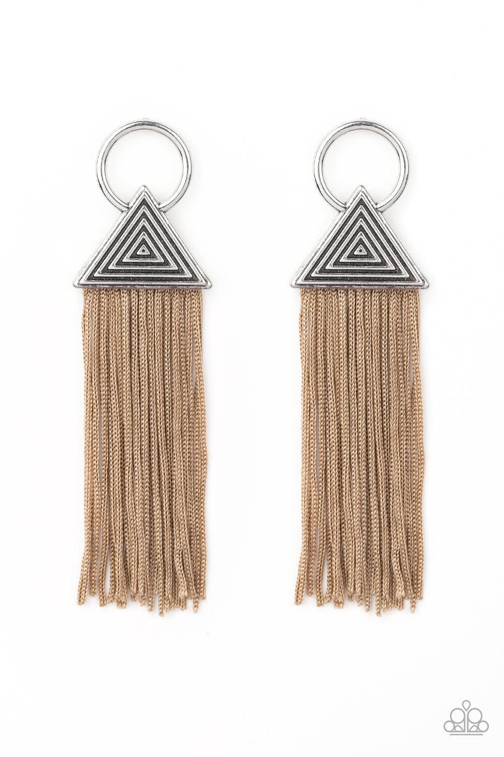 Paparazzi Accessories Oh My GIZA - Brown Shiny brown cording streams from the bottom of a hypnotic triangular frame attached to an airy hoop, creating a dramatically tasseled look. Earring attaches to a standard post fitting. Jewelry