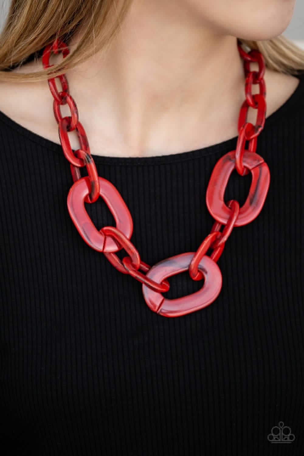 Paparazzi Accessories All In-VINCIBLE - Red Brushed in a faux-marble finish, bold red links connect below the collar for a statement making look. Features an adjustable clasp closure. Jewelry