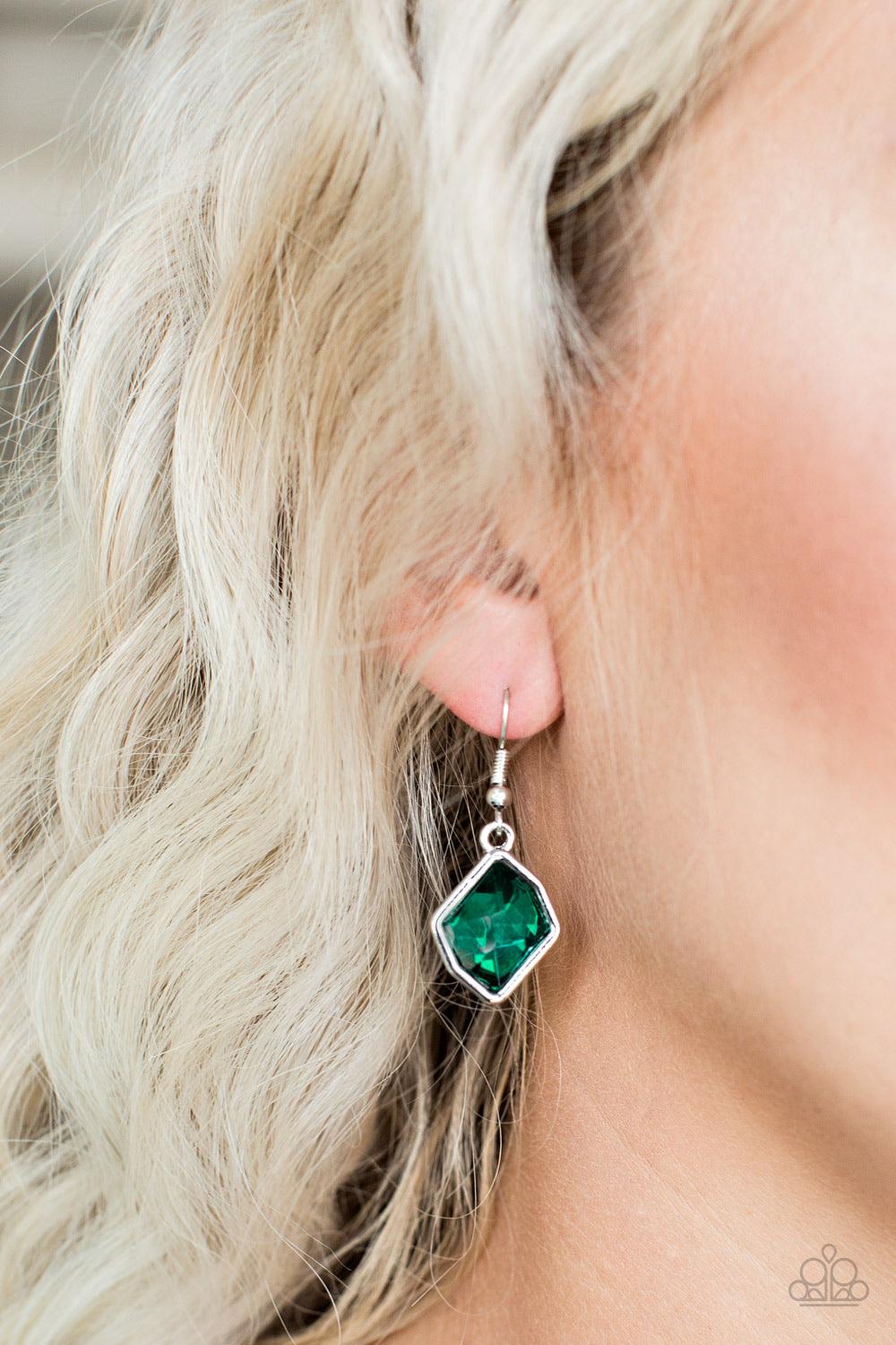 Paparazzi Accessories Glow It Up - Green A faceted green gem is pressed into an abstract silver frame for a refined look. Earring attaches to a standard fishhook fitting. Jewelry