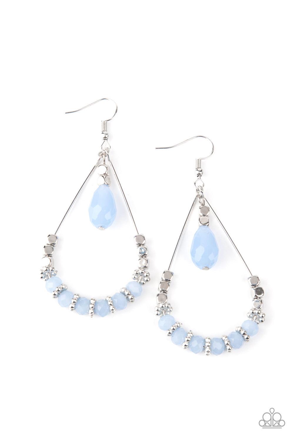 Paparazzi Accessories Lovely Lucidity - Blue A dainty collection of studded silver rings, dewy blue crystal-like beads, and shimmery silver cube beads are threaded along the bottom of a dainty wire teardrop. A matching silver cube beaded teardrop swings f