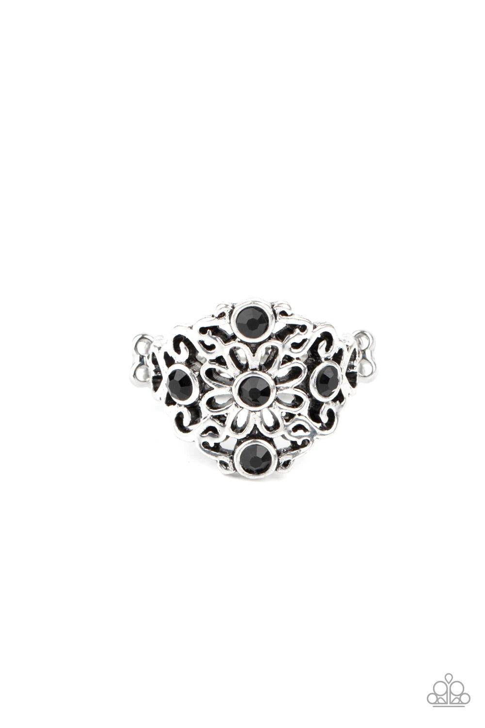 Paparazzi Accessories One DAISY At A Time - Black Dotted with glittery black rhinestones, glistening silver filigree blooms into a whimsical floral centerpiece atop the finger. Features a stretchy band for a flexible fit. Sold as one individual ring. Jewe