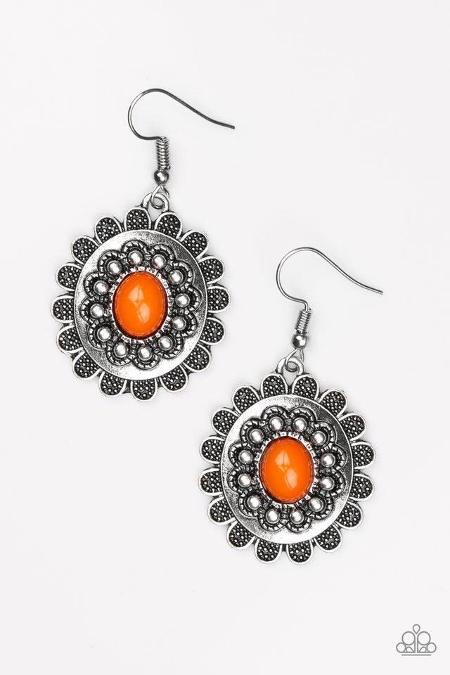 Paparazzi Accessories Summer Blooms - Orange A vivacious orange bead is pressed into the center of an ornate floral frame for a summery look. Earring attaches to a standard fishhook fitting. Jewelry