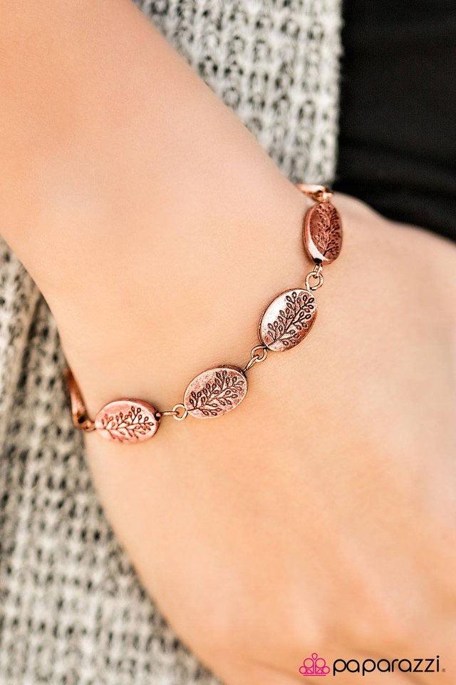 Paparazzi Accessories Timber Timbre - Copper Stamped in a whimsical tree pattern, glistening copper beading links around the wrist in a gorgeous tone on tone fashion. Features an adjustable clasp closure. Jewelry