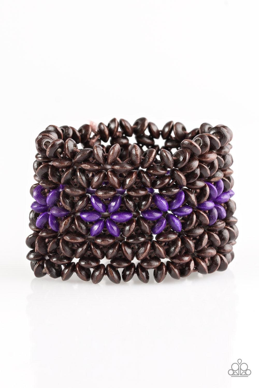 Paparazzi Accessories Bahama Babe - Purple Earthy wooden accents are threaded along elastic stretchy bands, creating an ornate bracelet. Tinted in a vivacious finish, purple wooden beads gather down the center, creating summery floral accents for a colorf