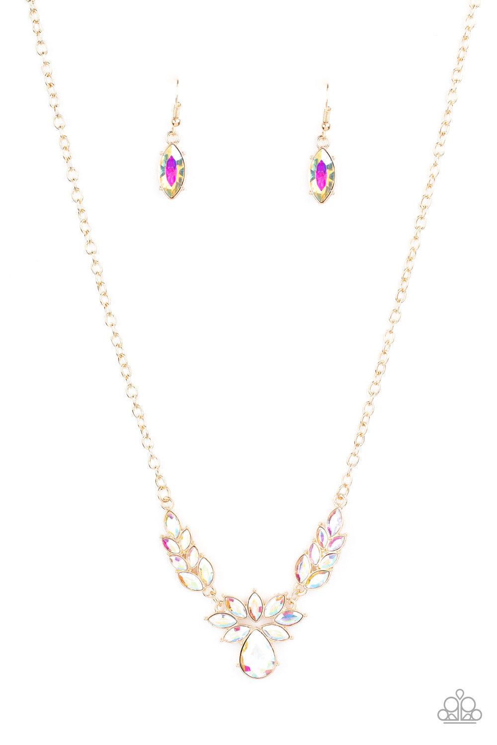 Paparazzi Accessories I Need Some HEIR - Multi Dotted with marquise style metallic iridescent rhinestones, leafy gold frames delicately connect into a vintage inspired pendant below the collar. An oversized metallic iridescent teardrop crowns the golden c