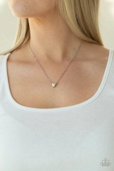 Paparazzi Accessories Downright Dainty - Multi Encased in a sleek silver fitting, a triangular iridescent rhinestone attaches to a classic silver chain below the collar for a colorfully dainty look. Features an adjustable clasp closure. Jewelry