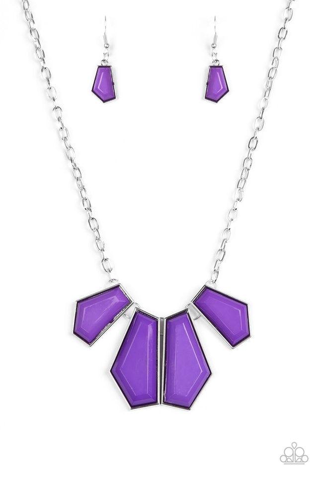 Paparazzi Accessories Get Up and Geo - Purple Featuring emerald-style cuts, faceted purple beads are pressed into sleek silver frames. The colorful frames join at the bottom of a shimmery silver chain, creating a bold geometric fringe below the collar. Fe