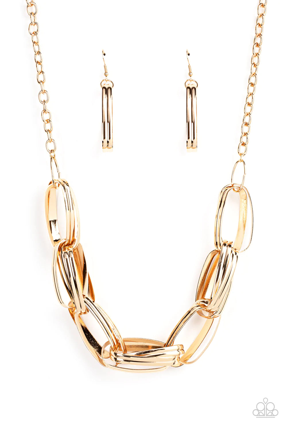 Paparazzi Accessories Fiercely Flexing - Gold Brushed in an antiqued shimmer, pairs of oversized oval gold links dramatically connect into a gritty chain below the collar for a bold industrial look. Features an adjustable clasp closure. Sold as one indivi