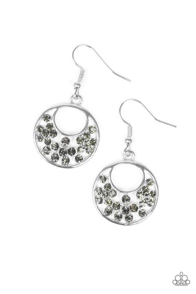 Paparazzi Accessories Sugary Shine - Silver Smoky rhinestones are sprinkled across the center of an airy silver hoop for a whimsical look. Earring attaches to a standard fishhook fitting. Jewelry