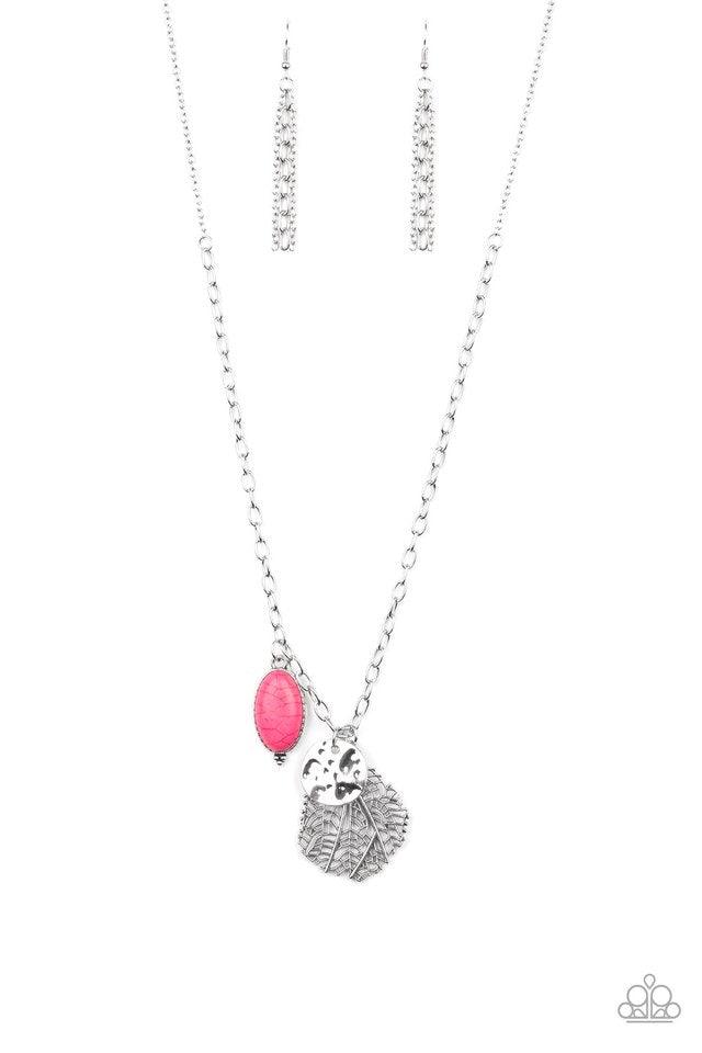Paparazzi Accessories Free-Spirited Forager - Pink An oval pink stone, hammered silver disc, and lifelike silver leaf charm swing from the bottom of a lengthened silver chain, creating a whimsical pendant. Features an adjustable clasp closure. Sold as one