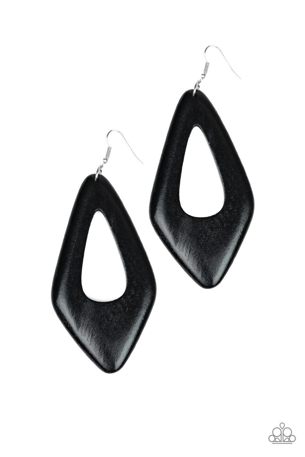 Paparazzi Accessories A SHORE Bet - Black Brushed in a shiny black finish, a bold wooden frame swings from the ear for a seasonal look. Earring attaches to a standard fishhook fitting. Jewelry