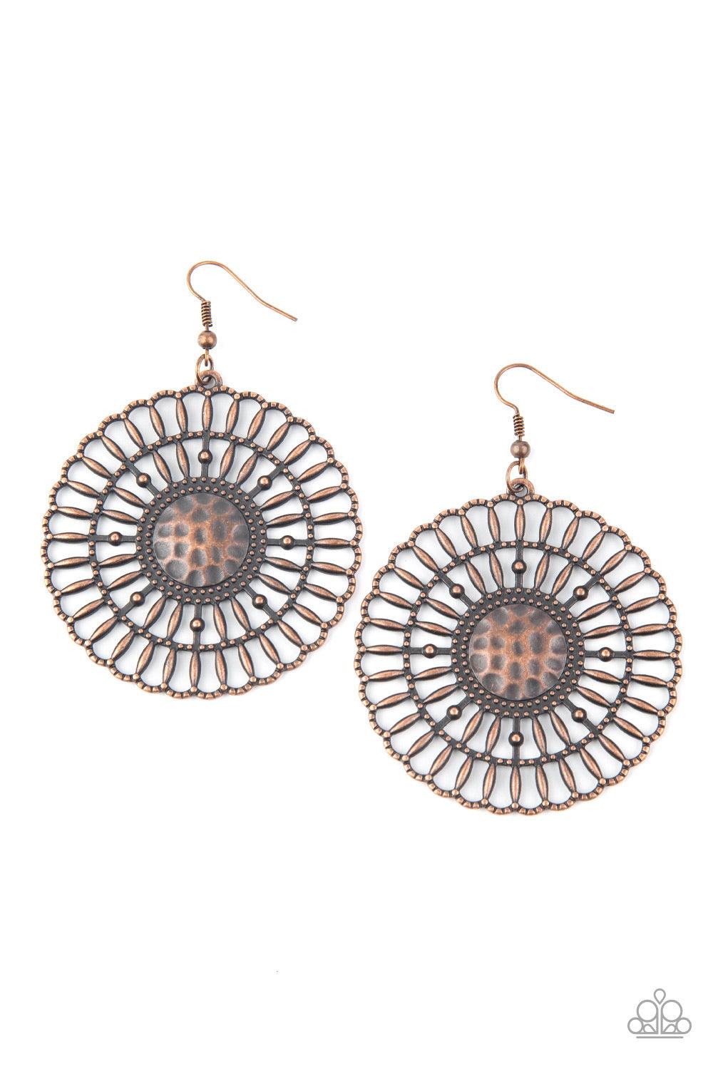Paparazzi Accessories Rustic Groves - Copper Rustic copper bars fan out from a studded and hammered copper center, coalescing into an airy scalloped frame. Earring attaches to a standard fishhook fitting. Sold as one pair of earrings. Jewelry