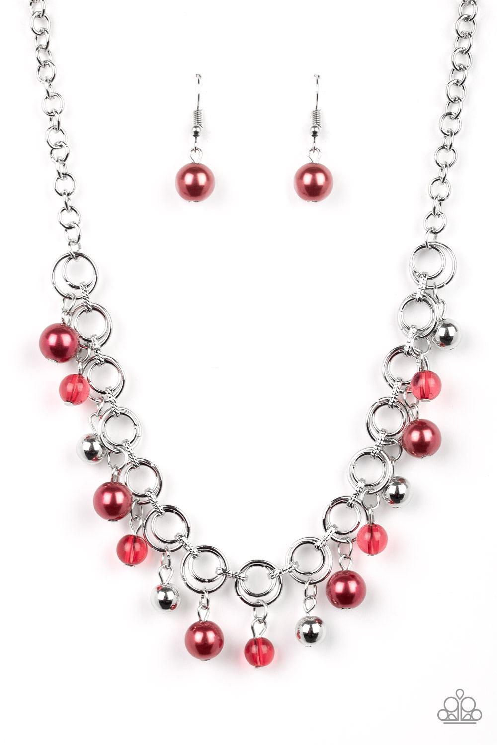 Paparazzi Accessories Fiercely Fancy - Red Featuring pearly and glassy finishes, an array of silver and red beads swing from a double-linked silver chain, creating a fancy fringe below the collar. Features an adjustable clasp closure. Sold as one individu