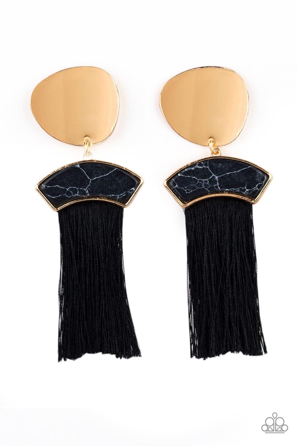 Paparazzi Accessories Insta Inca - Gold A plume of shiny black thread streams from the bottom of a black stone frame that links with an asymmetrical gold disc, creating a flirtatious tassel. Earring attaches to a standard post fitting. Jewelry