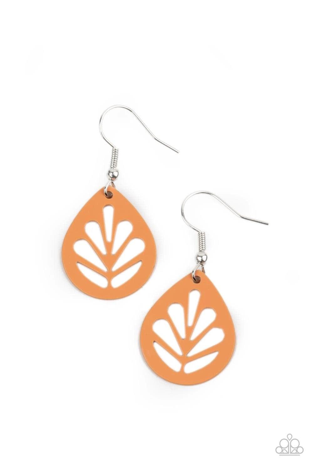 Paparazzi Accessories LEAF Yourself Wide Open - Orange Painted in a colorful Marigold finish, a dainty orange leaf frame is stenciled in airy cutouts for a whimsical seasonal fashion. Earring attaches to a standard fishhook fitting. Sold as one pair of ea