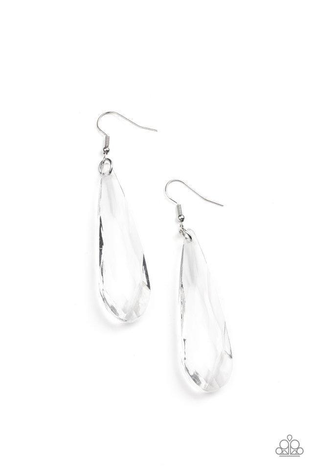 Paparazzi Accessories Crystal Crown - White A dramatically oversized white teardrop crystal swings from the ear, creating an irresistible statement piece. Earring attaches to a standard fishhook fitting. Jewelry