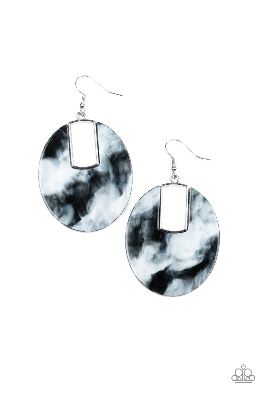 Paparazzi Accessories Haute Heiress - Black Brushed in a faux marble finish, a smoky acrylic frame attaches to a rectangular silver fitting as it swings from the ear for a retro look. Colors may vary. Earring attaches to a standard fishhook fitting. Jewel