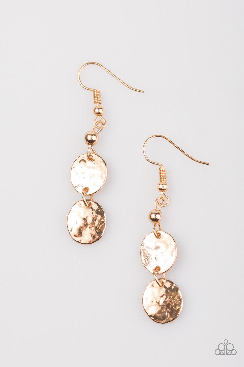 Paparazzi Accessories GLEAM Machine - Gold Delicately hammered with shimmery textures, two dainty gold discs link together, creating a gleaming lure. Earring attaches to a standard fishhook fitting. Jewelry