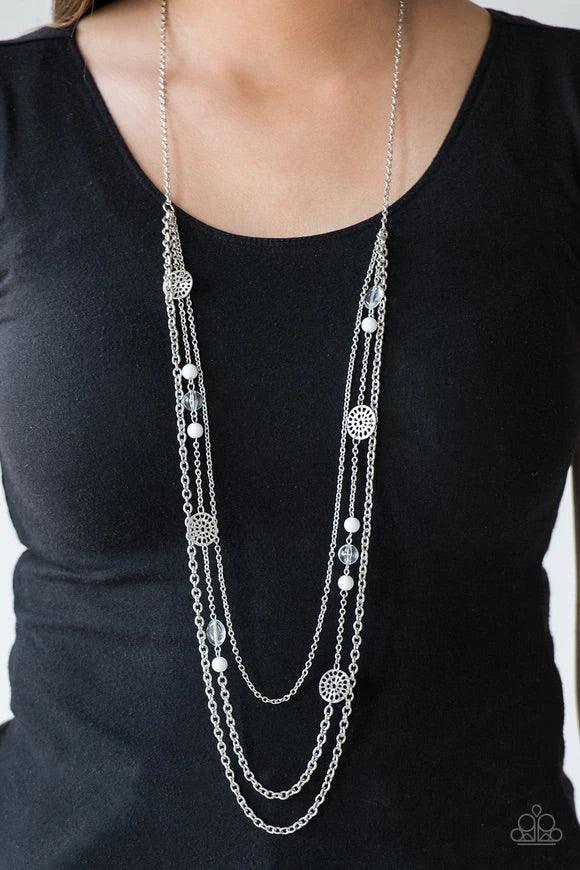 Paparazzi Accessories Pretty Pop-tastic! - White Ornate silver accents, glassy beads, and polished white beads trickle along strands of shimmery silver chains for a whimsical look. Features an adjustable clasp closure. Sold as one individual necklace. Inc