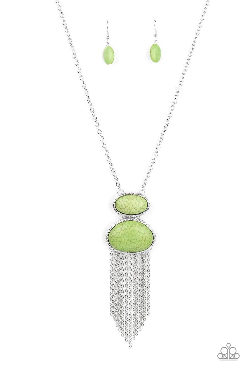 Paparazzi Accessories Meet Me At Sunset - Green A set of oversized oval green stones, encased in hammered silver frames, are linked one upon the other, calling attention to their bold mood. A fringe of silver chain sways below the set on a lengthened silv