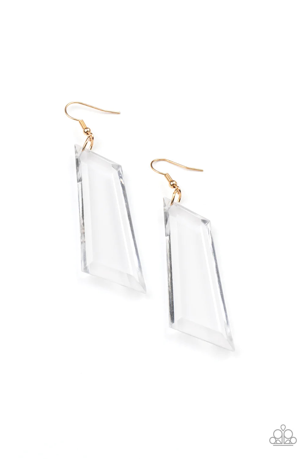 Paparazzi Accessories The Final Cut - Gold Featuring a flashy emerald-like cut, an asymmetrical crystal-like acrylic frame swings from the ear, casting rainbow reflections with its glassy exterior. Earring attaches to a standard fishhook fitting. Sold as