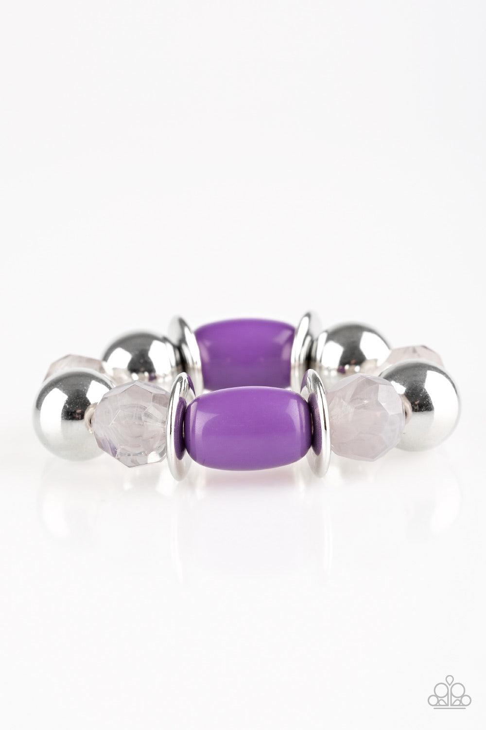 Paparazzi Accessories BAY After BAY - Purple Dramatic silver, vivacious purple, and faceted cloudy beads are threaded along a stretchy elastic band, creating a seasonal look around the wrist. Jewelry