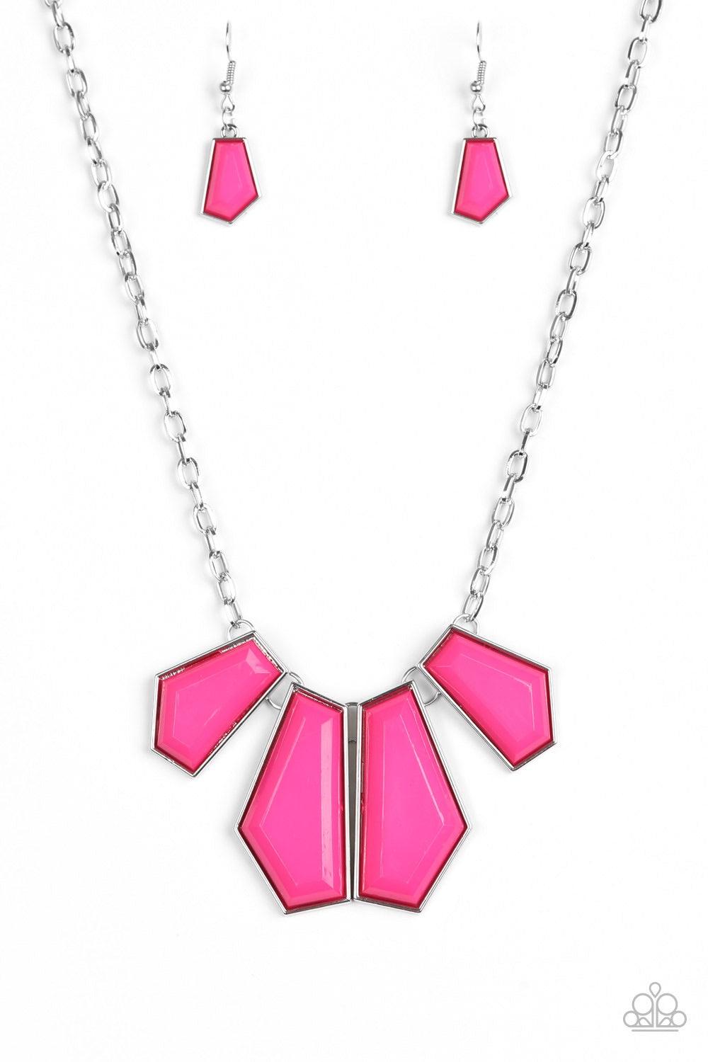 Paparazzi Accessories Get Up And Geo - Pink Featuring emerald-style cuts, faceted pink beads are pressed into sleek silver frames. The colorful frames join at the bottom of a shimmery silver chain, creating a bold geometric fringe below the collar. Featur