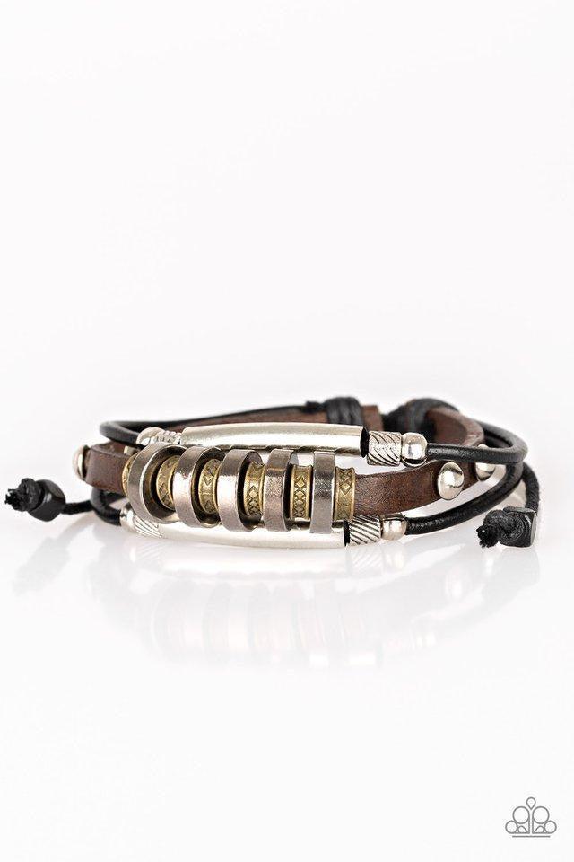 Paparazzi Accessories Urban Backpacker ~Black Mismatched mixed metallic accents slide along black and brown leather bands for a stacked rugged look. Features an adjustable sliding knot closure.