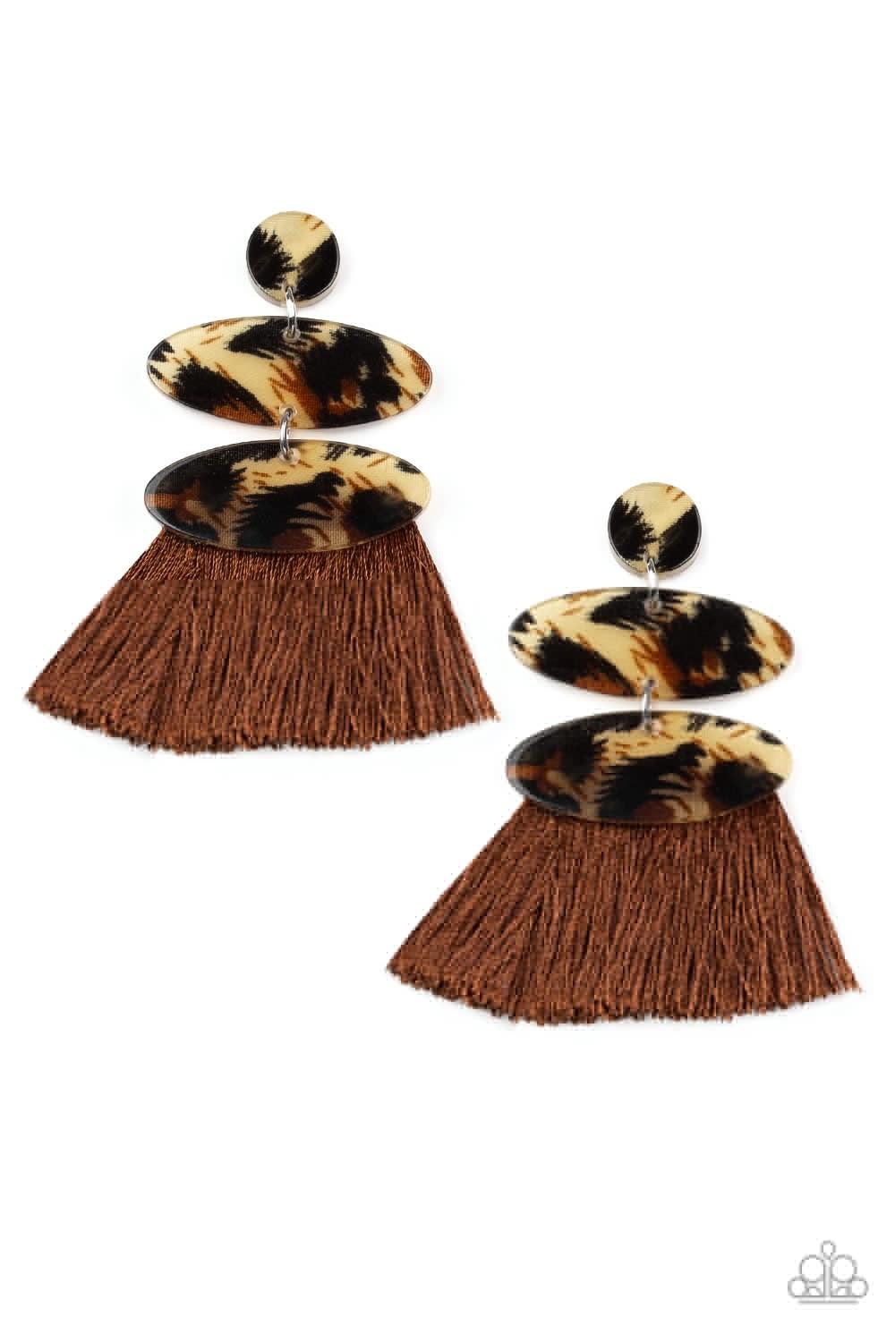 Paparazzi Accessories No One Likes A Cheetah - Brown Featuring cheetah-like print, glassy frames link into a stacked lure. A fringe of shiny brown thread streams from the bottom of the lure for a retro finish. Earring attaches to a standard post fitting.