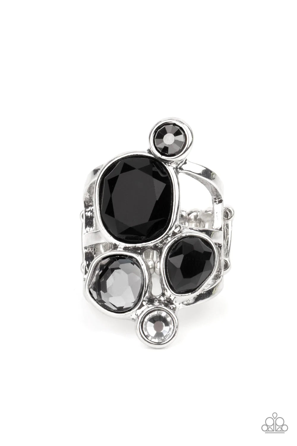Paparazzi Accessories Demandingly Duchess - Black A collection of sparkling black and hematite gems in varying sizes, accented by a single white rhinestone, forms an asymmetrical cluster atop the finger. Set in sleek silver frames over airy silver bands,