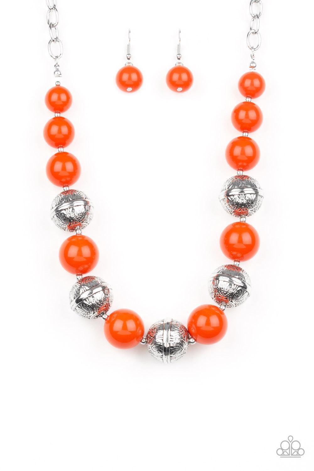 Paparazzi Accessories Floral Fusion - Orange Infused with dainty silver accents, a bubbly collection of hearty orange beads and floral embossed silver beads are threaded along an invisible wire below the collar for a seasonal look. Features an adjustable
