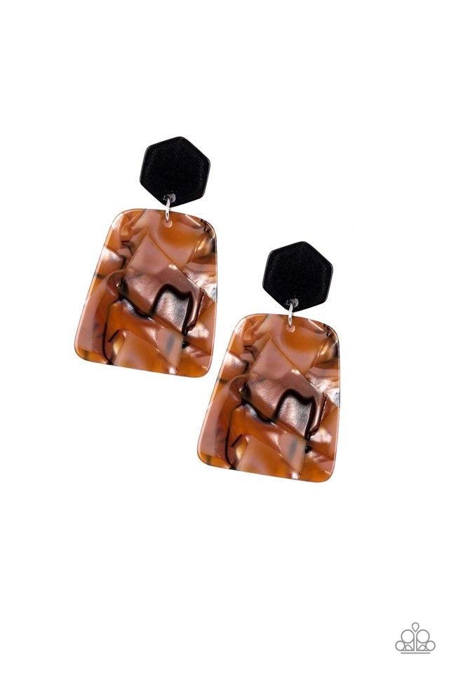 Paparazzi Accessories Majestic Mariner - Brown Featuring a faux-marble finish, a brown acrylic frame swings from the bottom of a black hexagon frame for a retro look. Earring attaches to a standard post fitting. Jewelry
