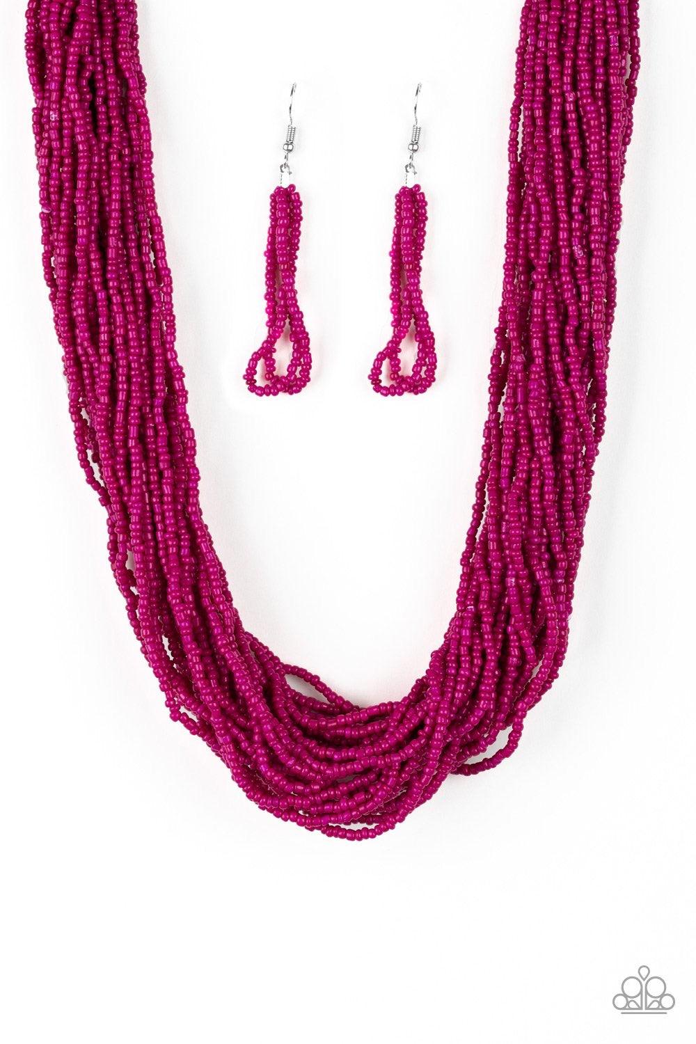 Paparazzi Accessories The Show Must CONGO On! - Pink Infused with two bold silver fittings, countless strands of vivacious pink seed beads drape below the collar for a seasonal look. Features an adjustable clasp closure. Sold as one individual necklace. I